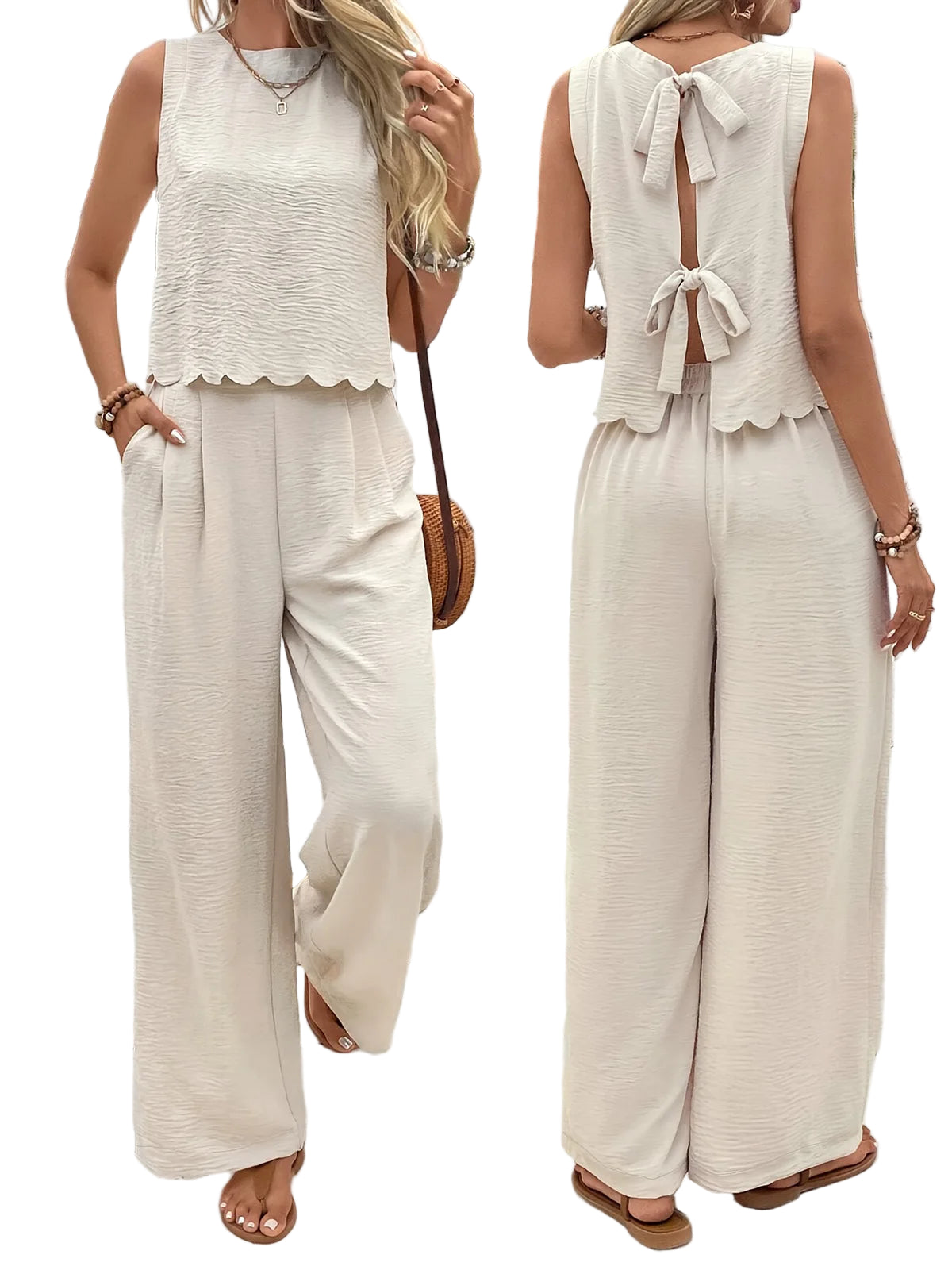 Ensemble Femme Lin Décontracté Haut Sans Manches Pantalon 0