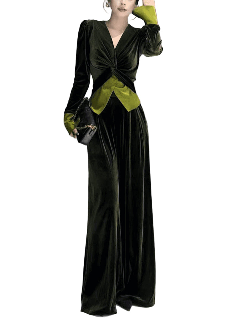 Ensemble Femme en Velours Vert à Col V et Pantalon Large 0
