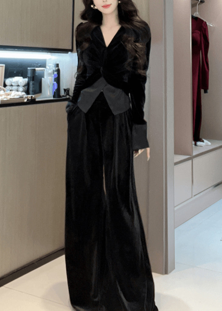 Ensemble Femme en Velours Vert à Col V et Pantalon Large 3