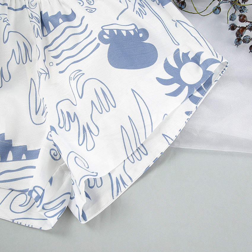 Ensemble de Plage Femme Coton Imprimé Abstrait Chemise à Boutons et Short Décontracté 6