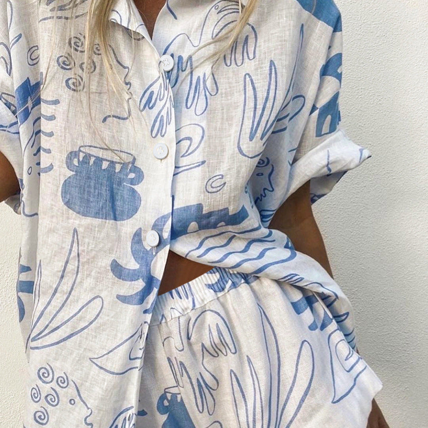 Ensemble de Plage Femme Coton Imprimé Abstrait Chemise à Boutons et Short Décontracté 8