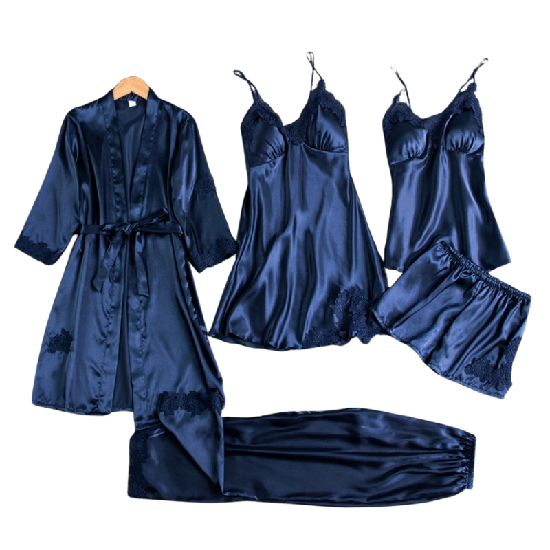 Ensemble de nuit 5 en 1 style satin | Nuisette et pyjama style satin | Vêtements de nuit luxueux pour femmes 5