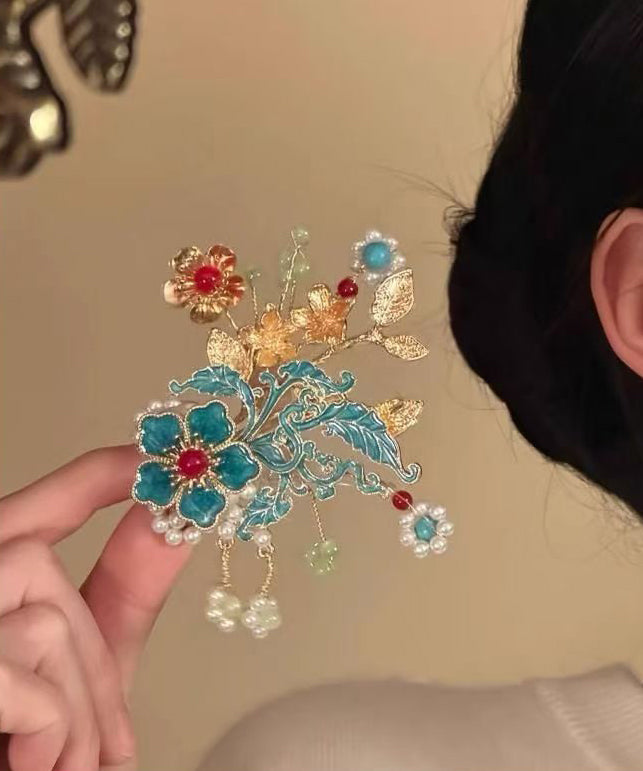 Épingle à cheveux femme style floral avec pompon multicolore 1
