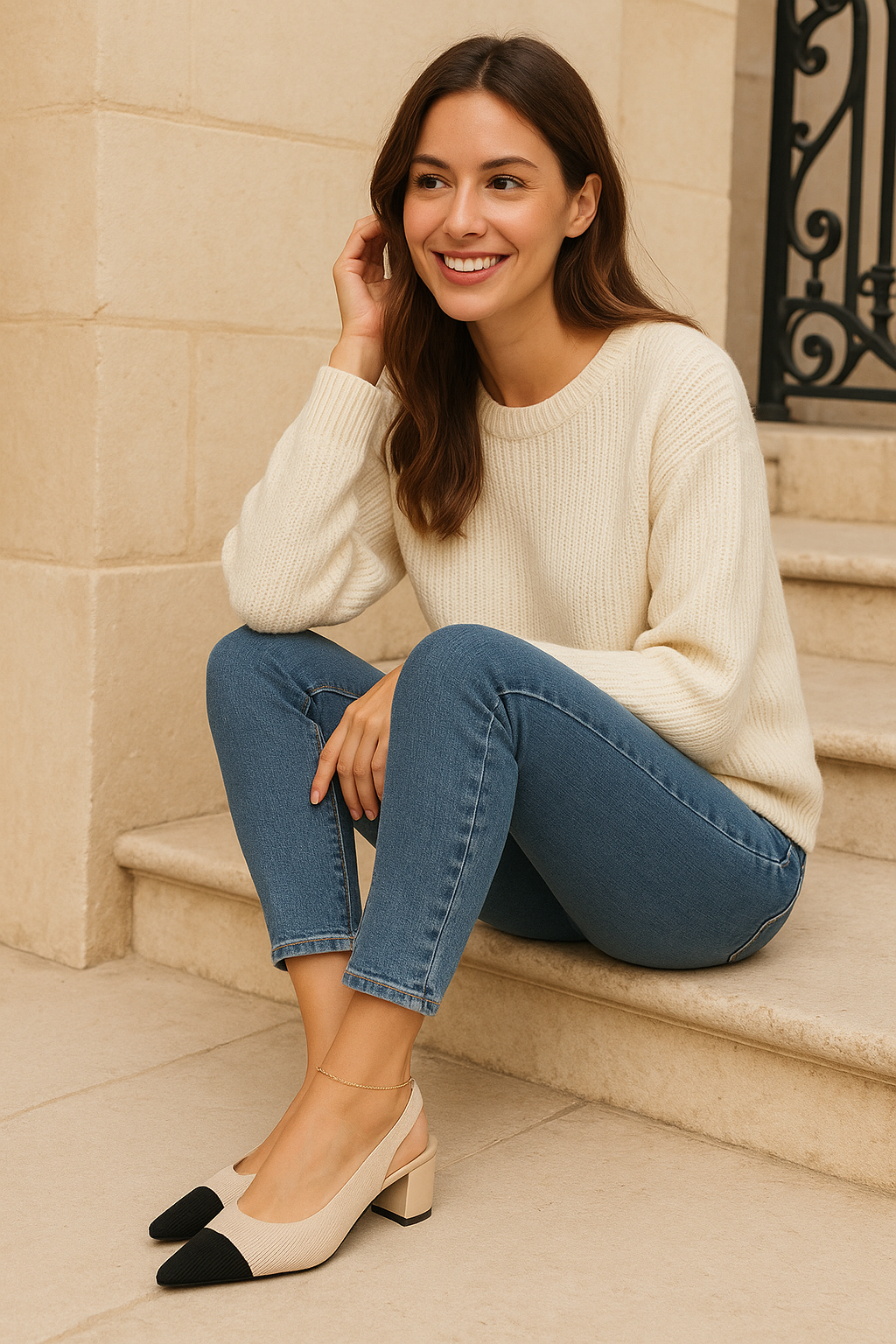 Escarpins Femme Slingback Bout Pointu Talon Bloc Côtelé 2