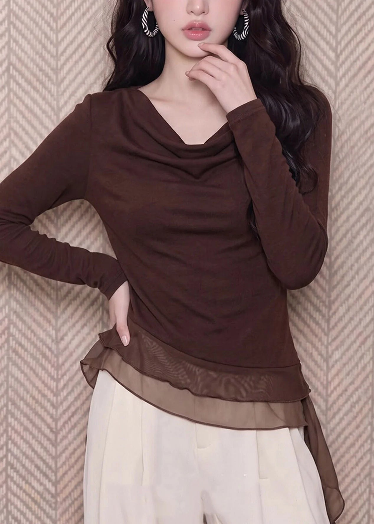 Femme Haut Asymétrique Manches Longues Style Patchwork 4