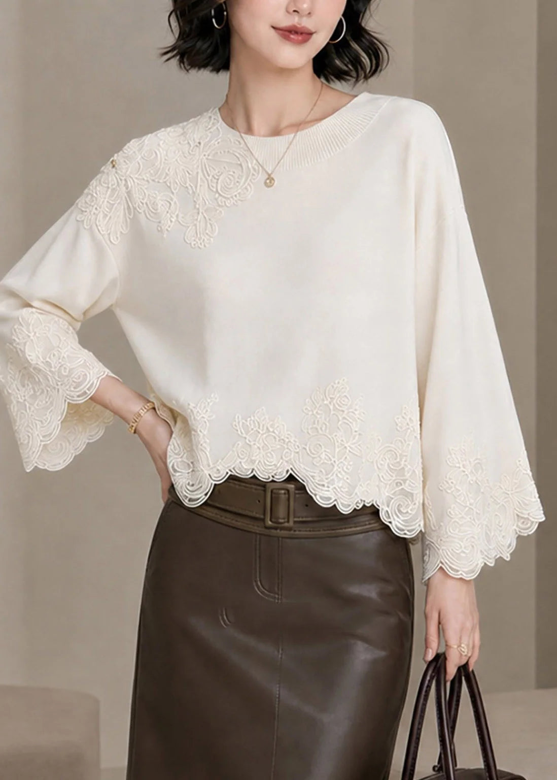 Femme Haut Patchwork Dentelle Brodée Automne 3