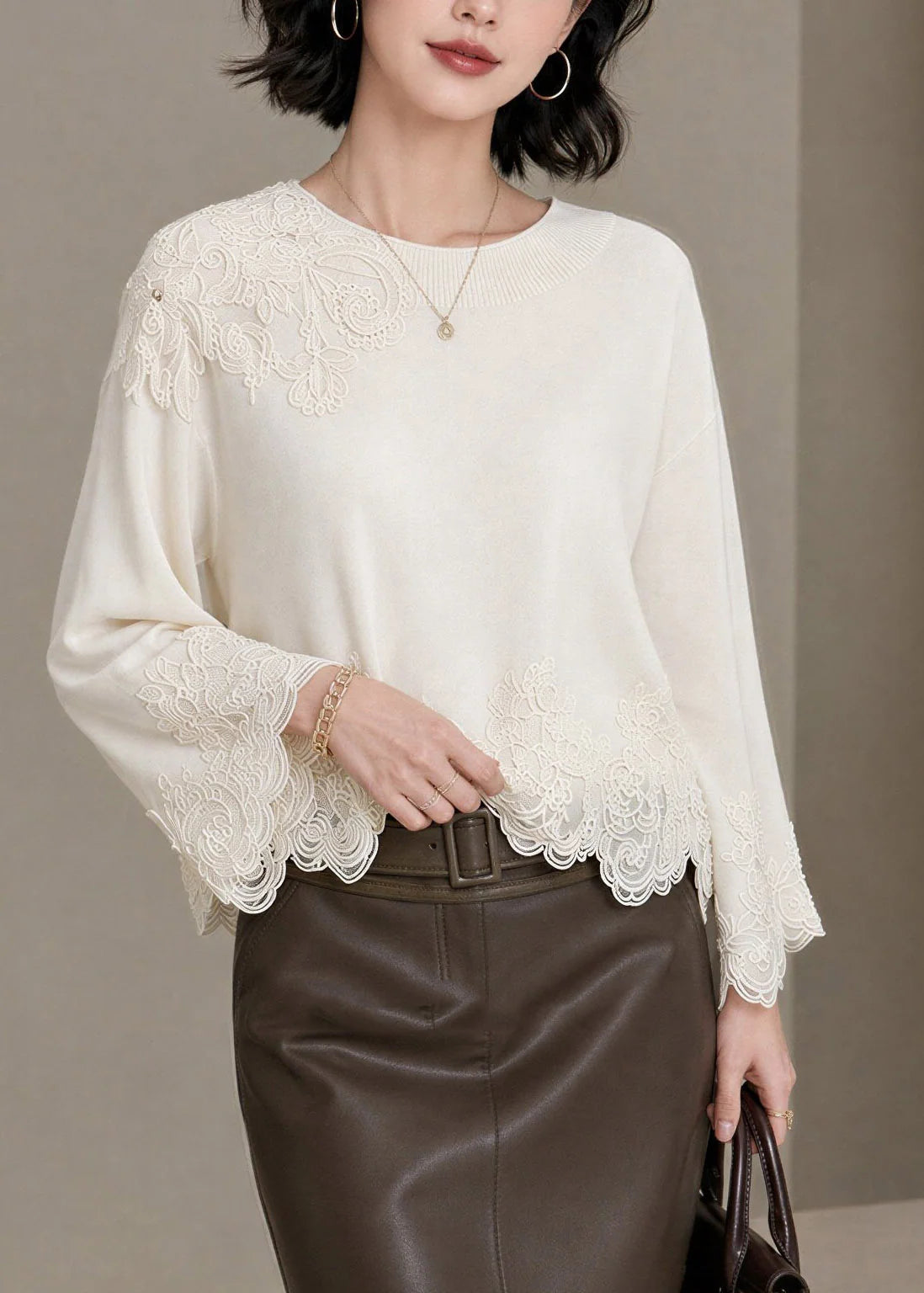 Femme Haut Patchwork Dentelle Brodée Automne 4