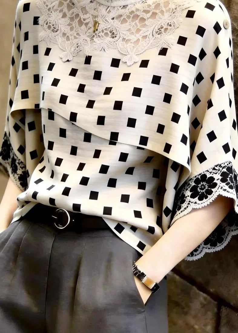 Femme Haut à Col Montant Patchwork Dentelle Manches Trois-Quarts 3