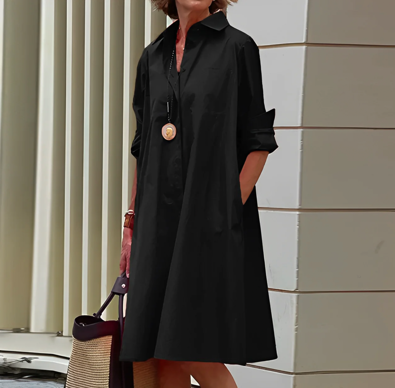 Robe Midi Femme Élégante à Manches Longues en Tissu Aéré Noir-1