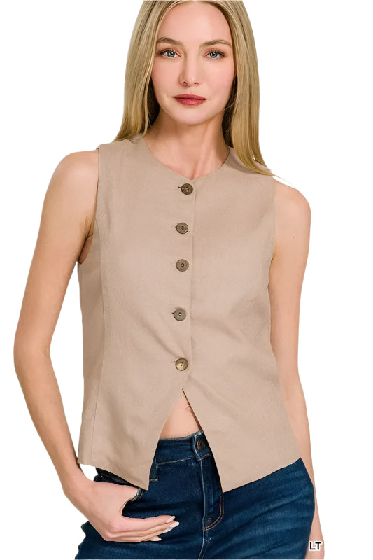 Gilet Femme Boutonné en Lin Respirant pour Printemps Été 0