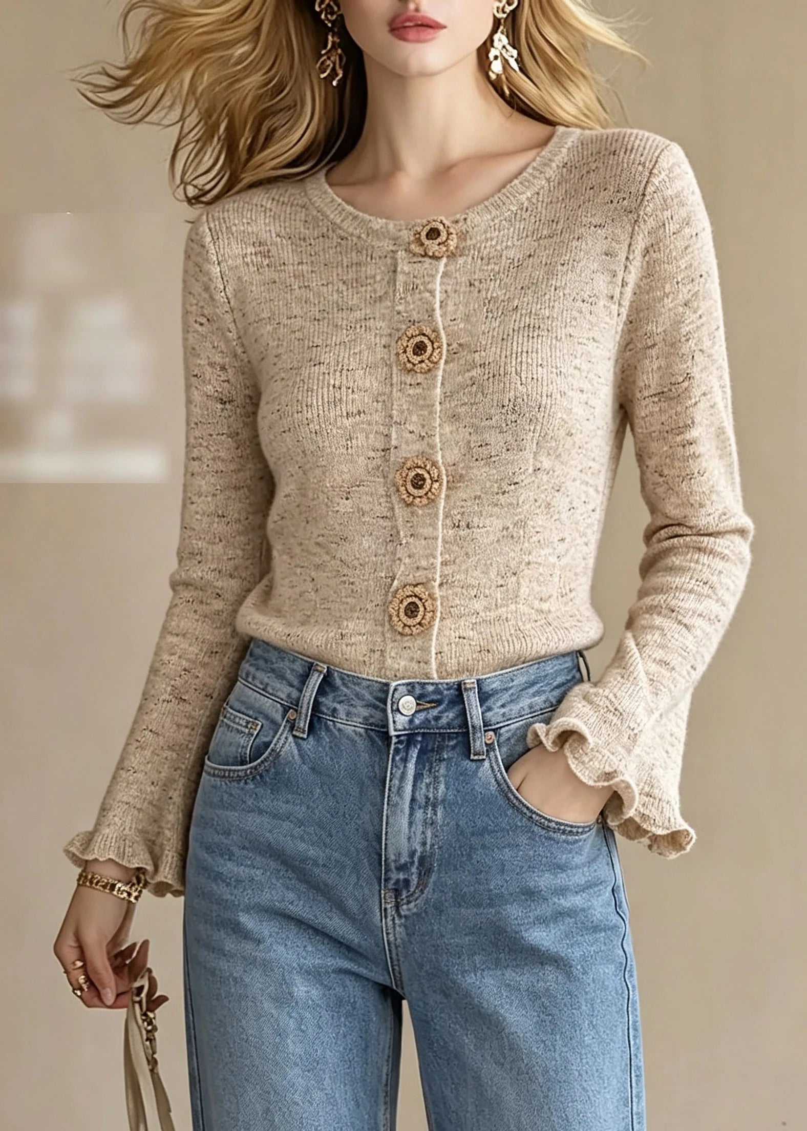Gilet Femme Col Rond Boutonné Style Décontracté Automnal 3