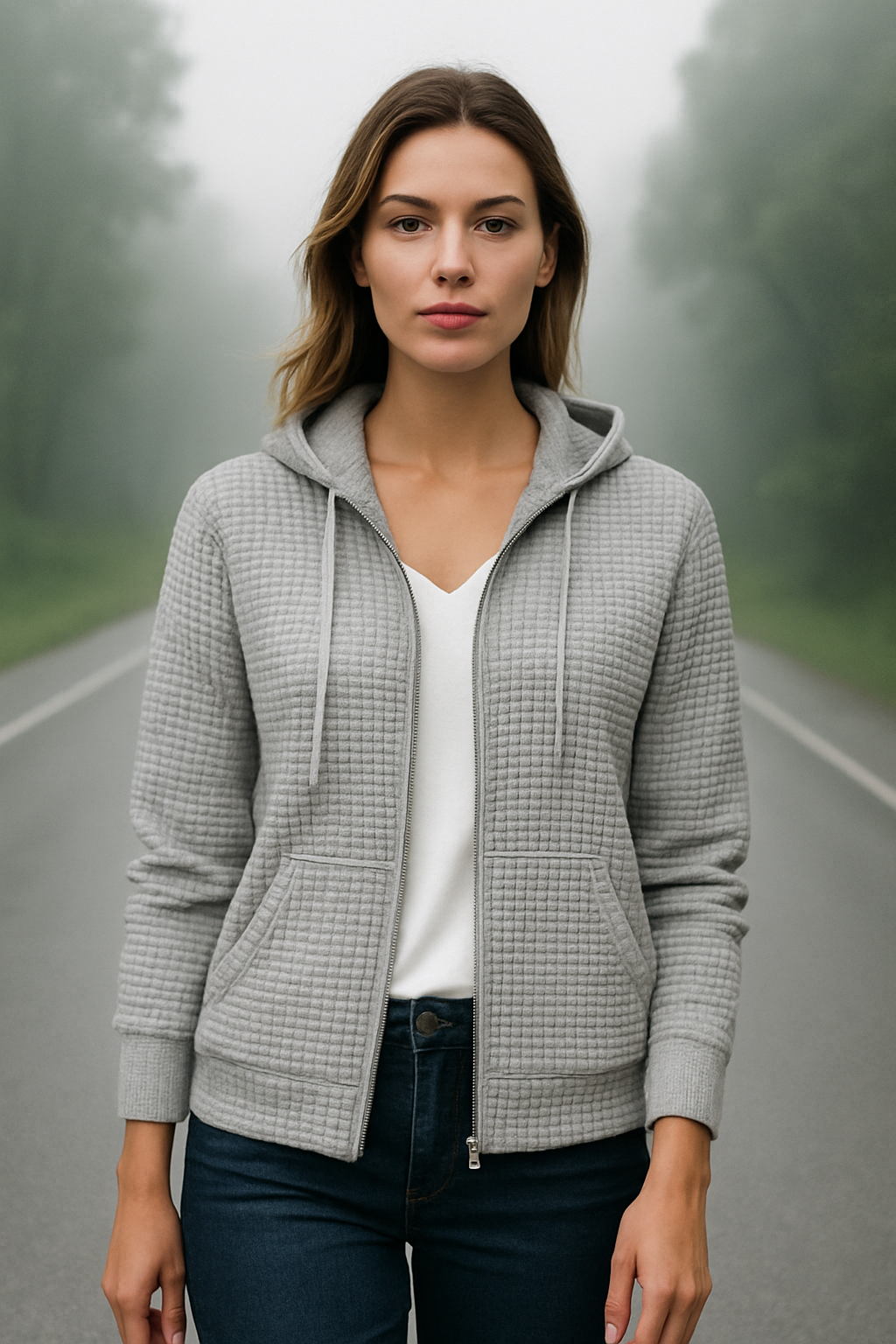 Gilet Femme à Capuche Casual en Tissu Texturé 1