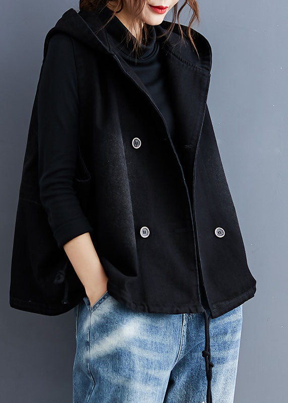 Gilet Sans Manche Femme Denim Noir À Capuche Casual 2