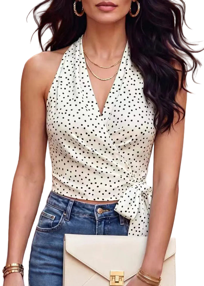 Gilet de Plage Femme À Pois Blanc Col en V Avec Lacets 0