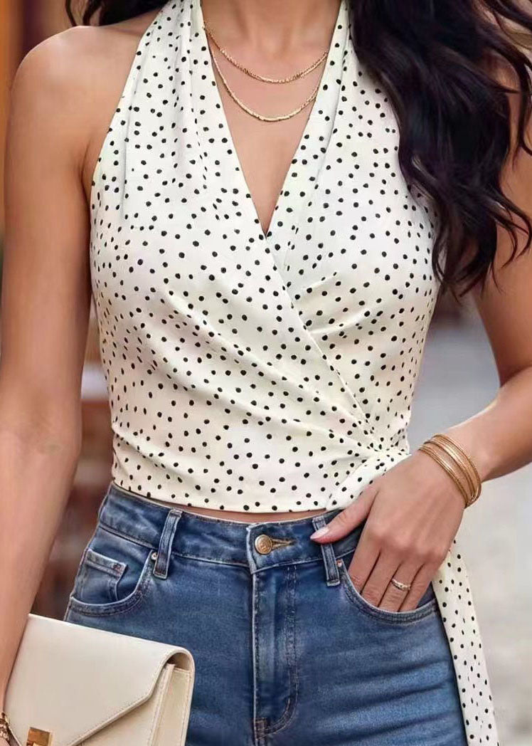Gilet de Plage Femme À Pois Blanc Col en V Avec Lacets 2