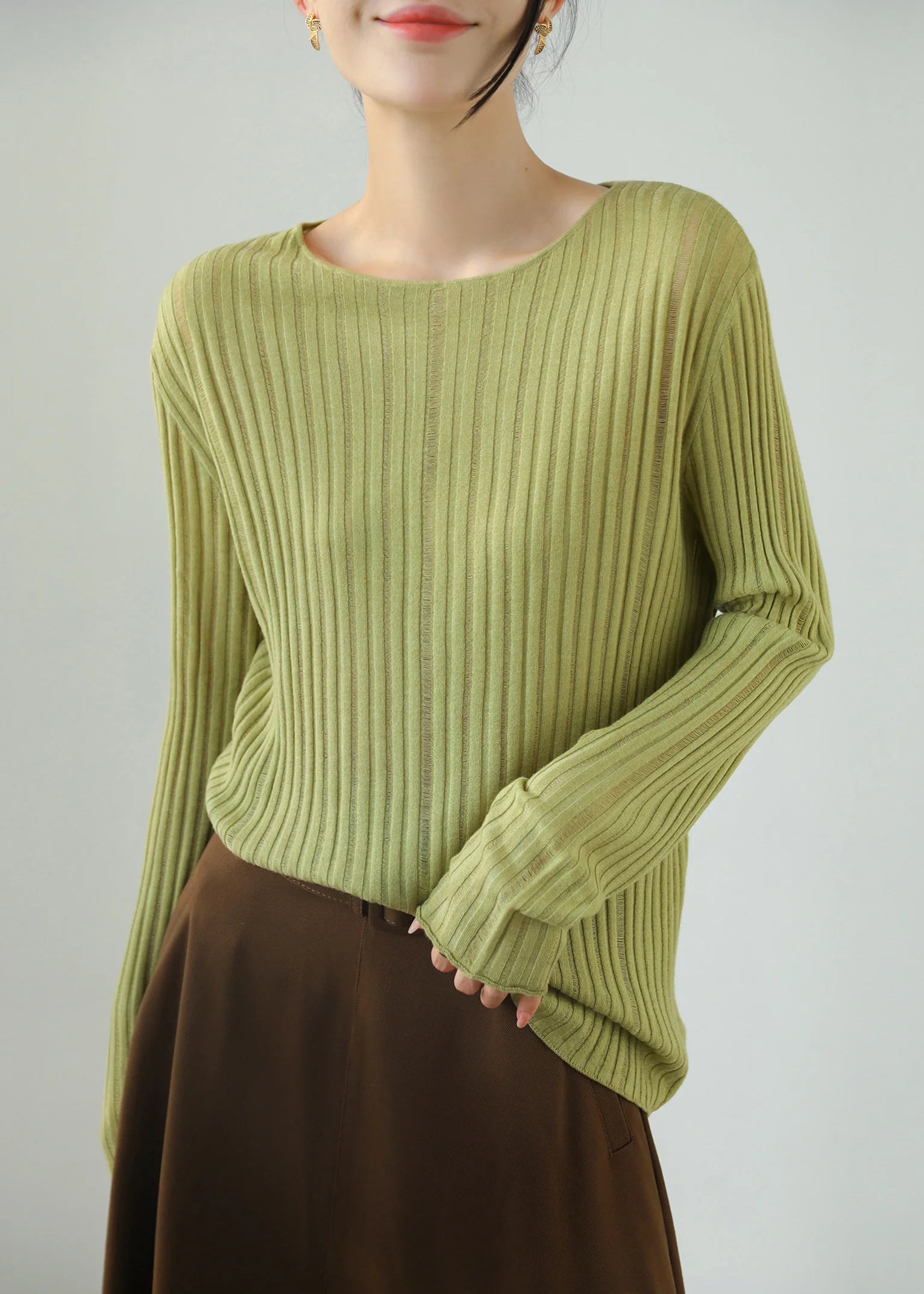 Haut Femme Ajusté Col Rond Maille Côtelée Transparente Automne 3