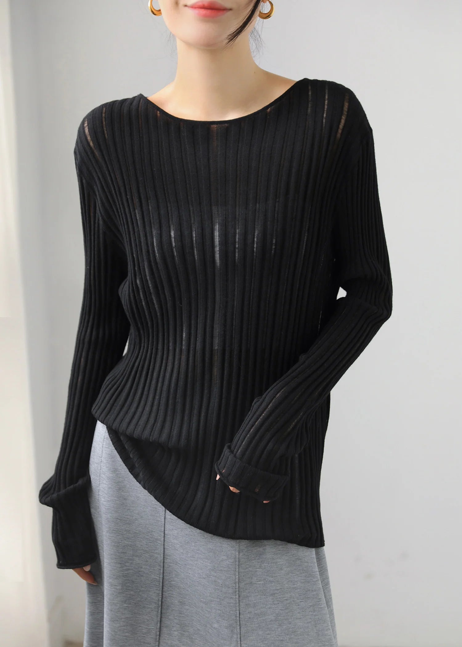 Haut Femme Ajusté Col Rond Maille Côtelée Transparente Automne 4