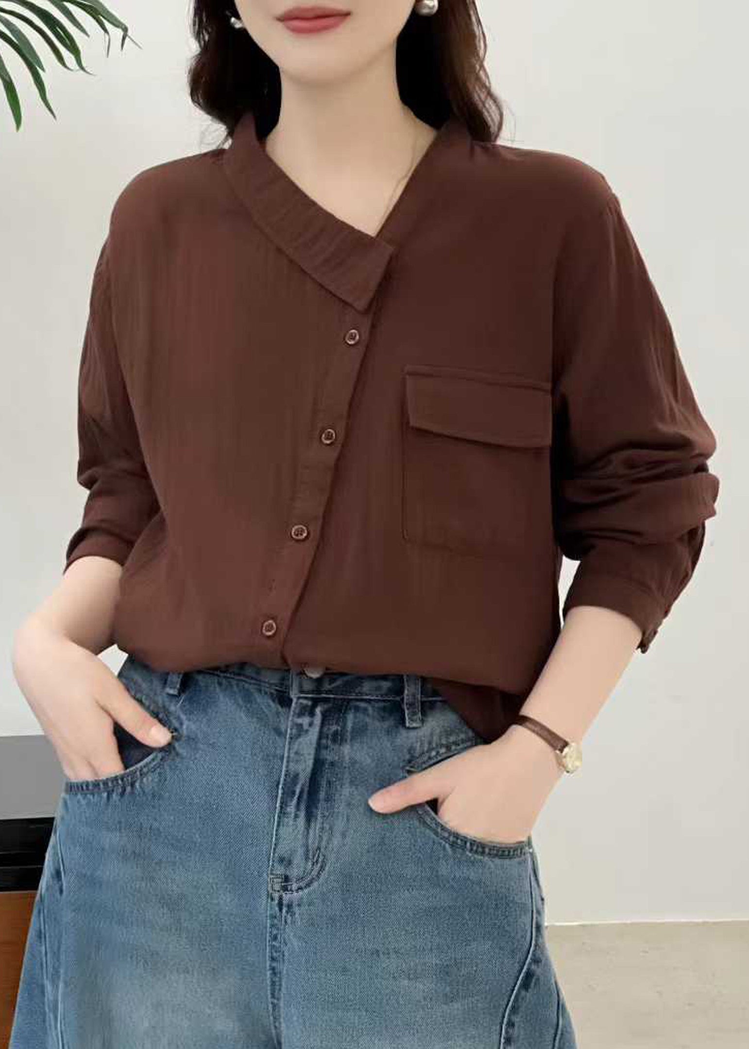 Haut Femme Asymétrique Patchwork Automne Moderne 3