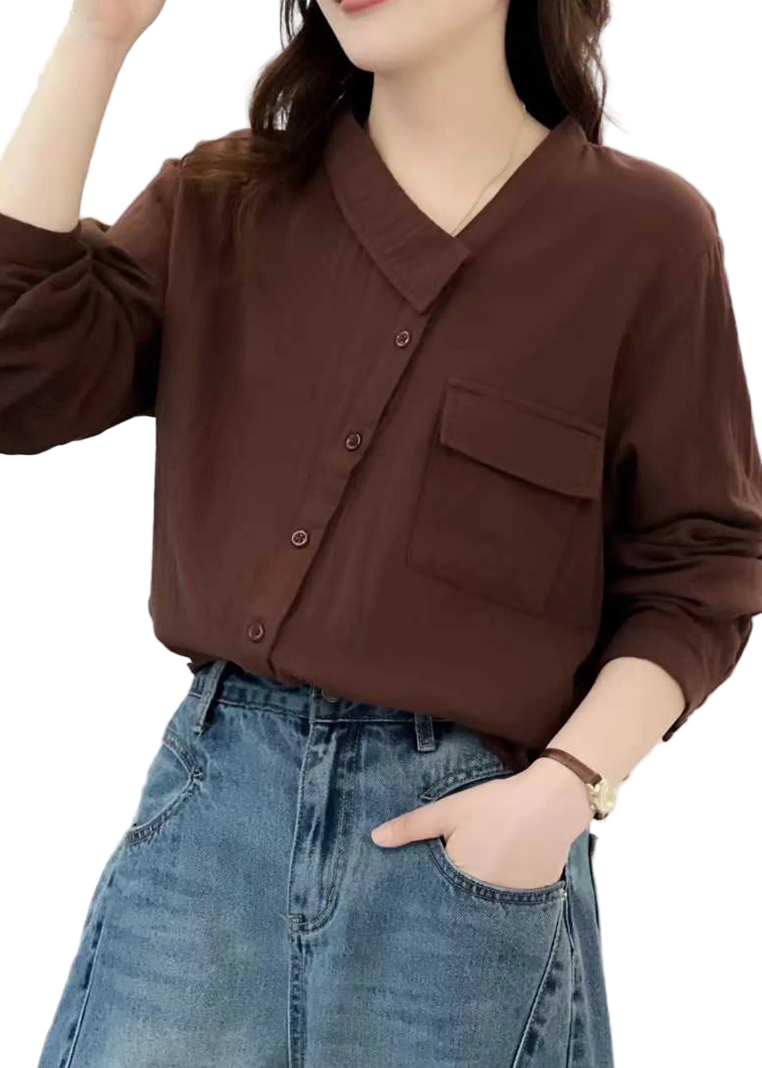 Haut Femme Asymétrique Patchwork Automne Moderne 4