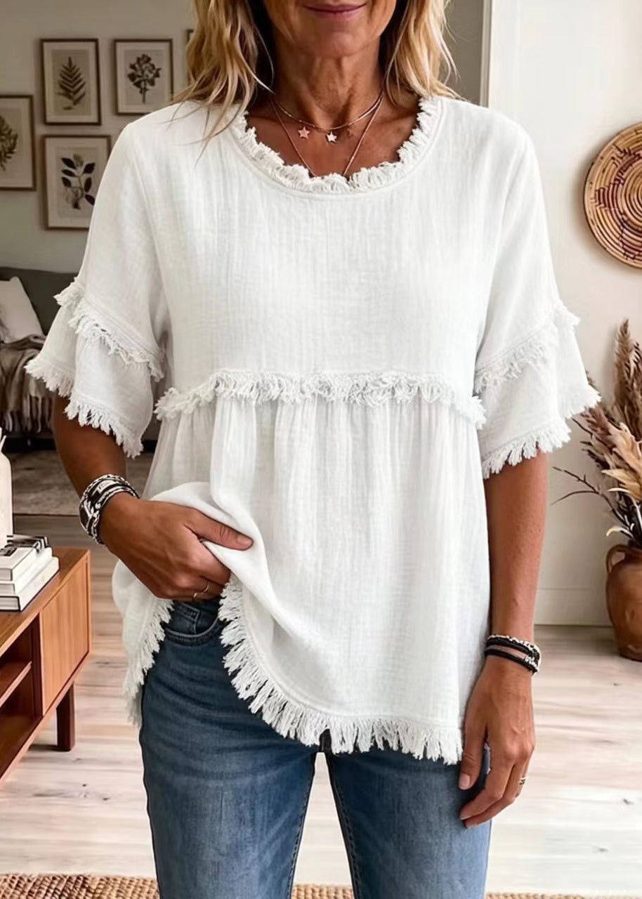 Haut Femme Col Rond Pompon Style Estival 2