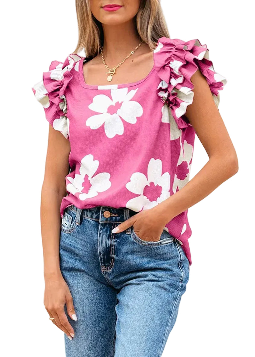 Haut Femme Imprimé Rose Manches Papillon Col U Chic 0