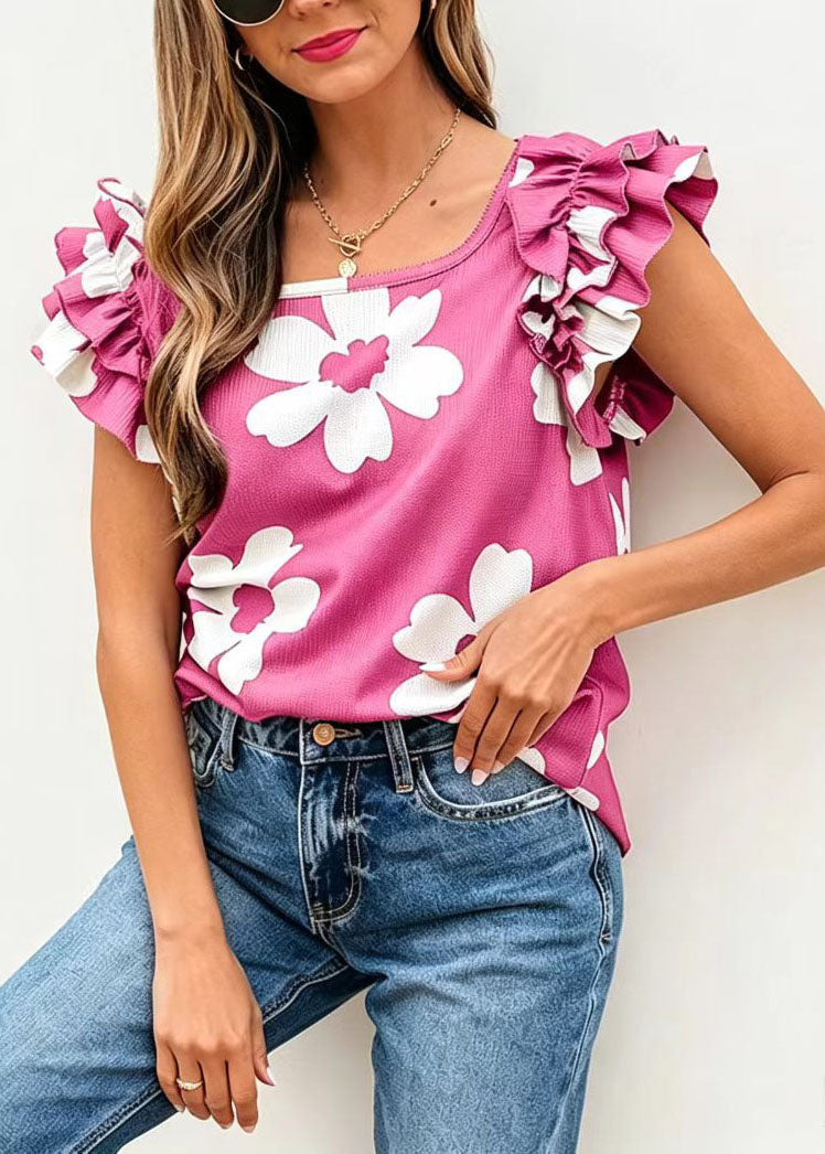 Haut Femme Imprimé Rose Manches Papillon Col U Chic 1
