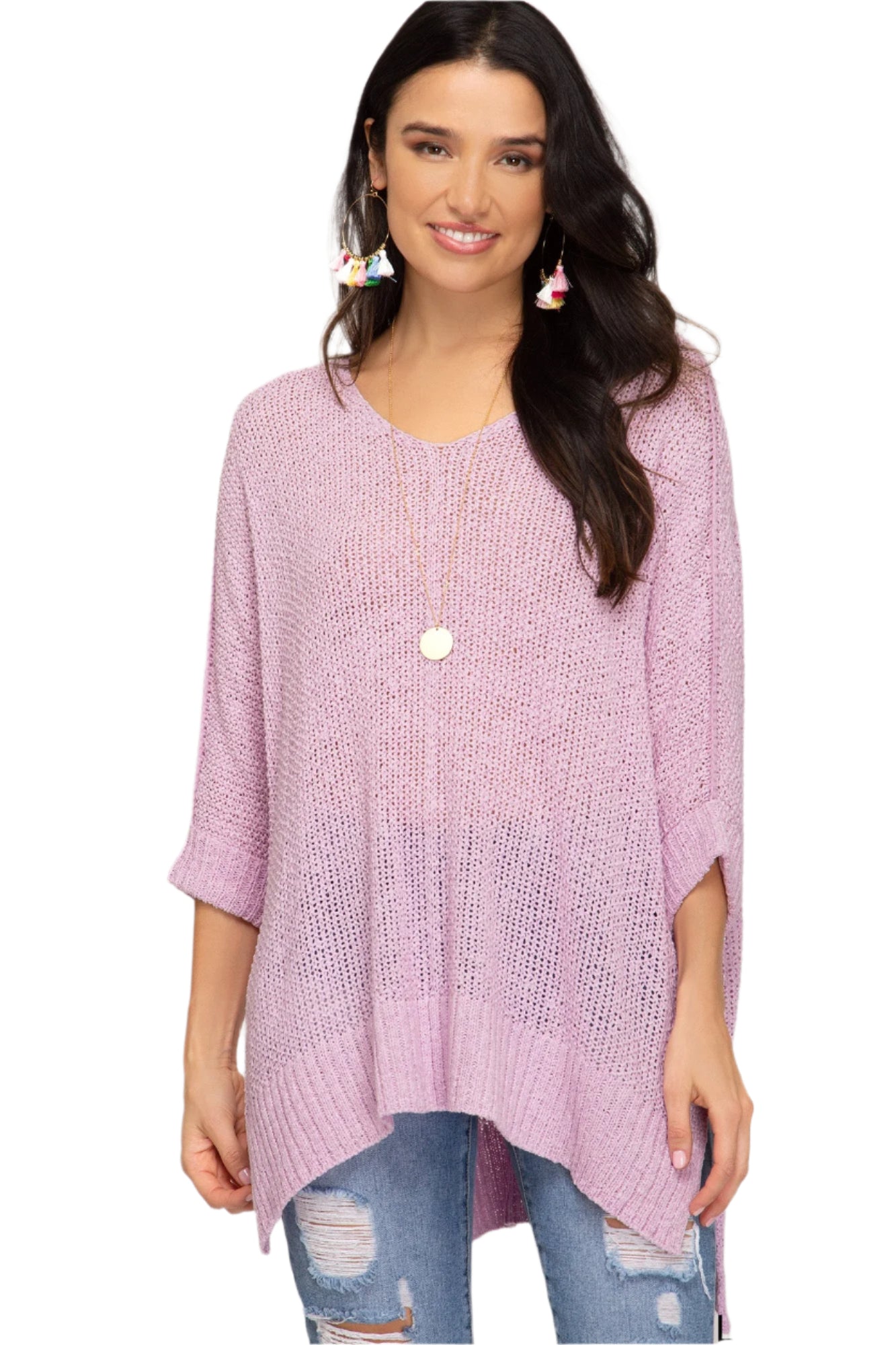 Haut en Tricot à Manches 3/4 et Ourlet Hi-Lo pour Femme 0