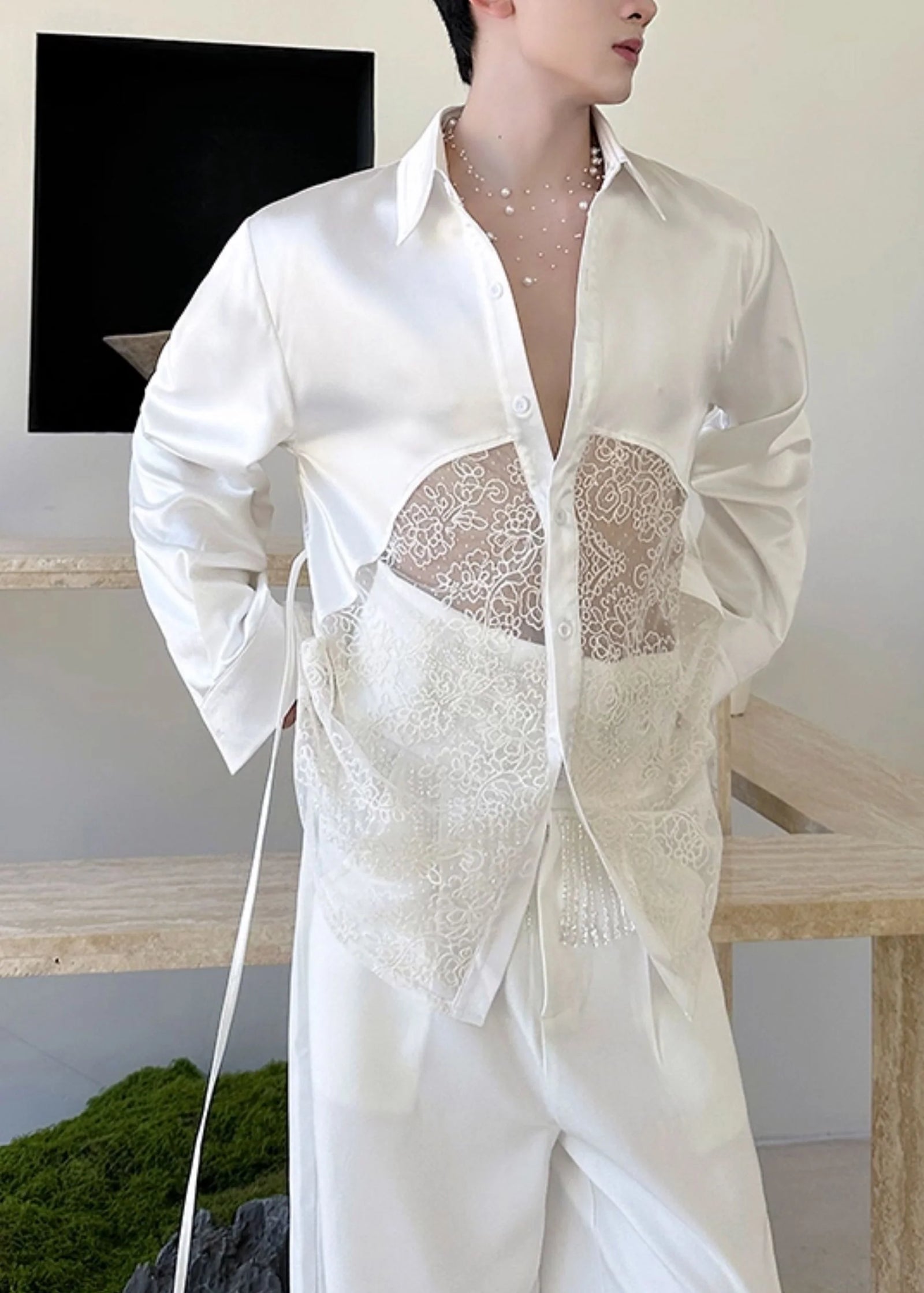 Homme Chemise Oversize Patchwork Dentelle Style Estival 2
