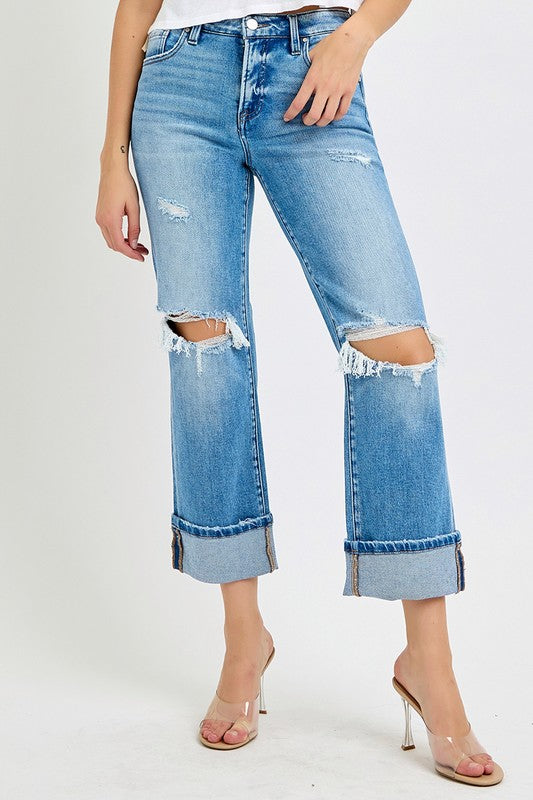 Jean Femme Droit Mi-Haut en Denim avec Ourlet 2