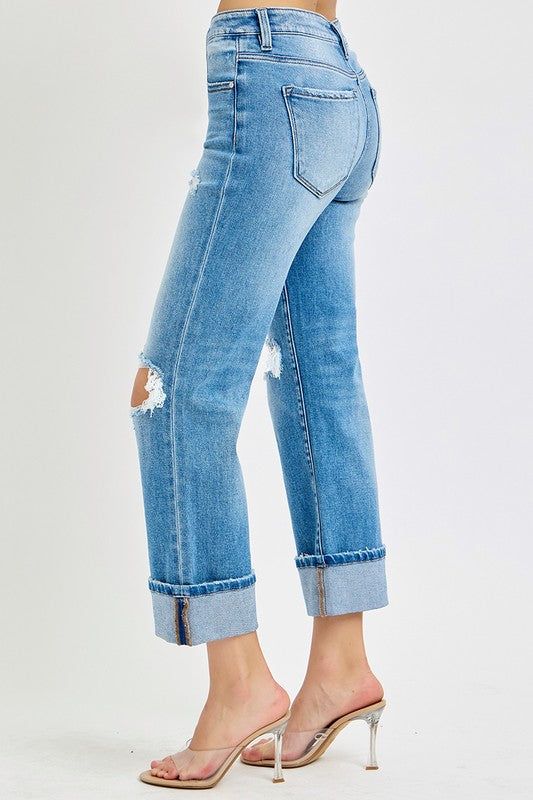 Jean Femme Droit Mi-Haut en Denim avec Ourlet 3