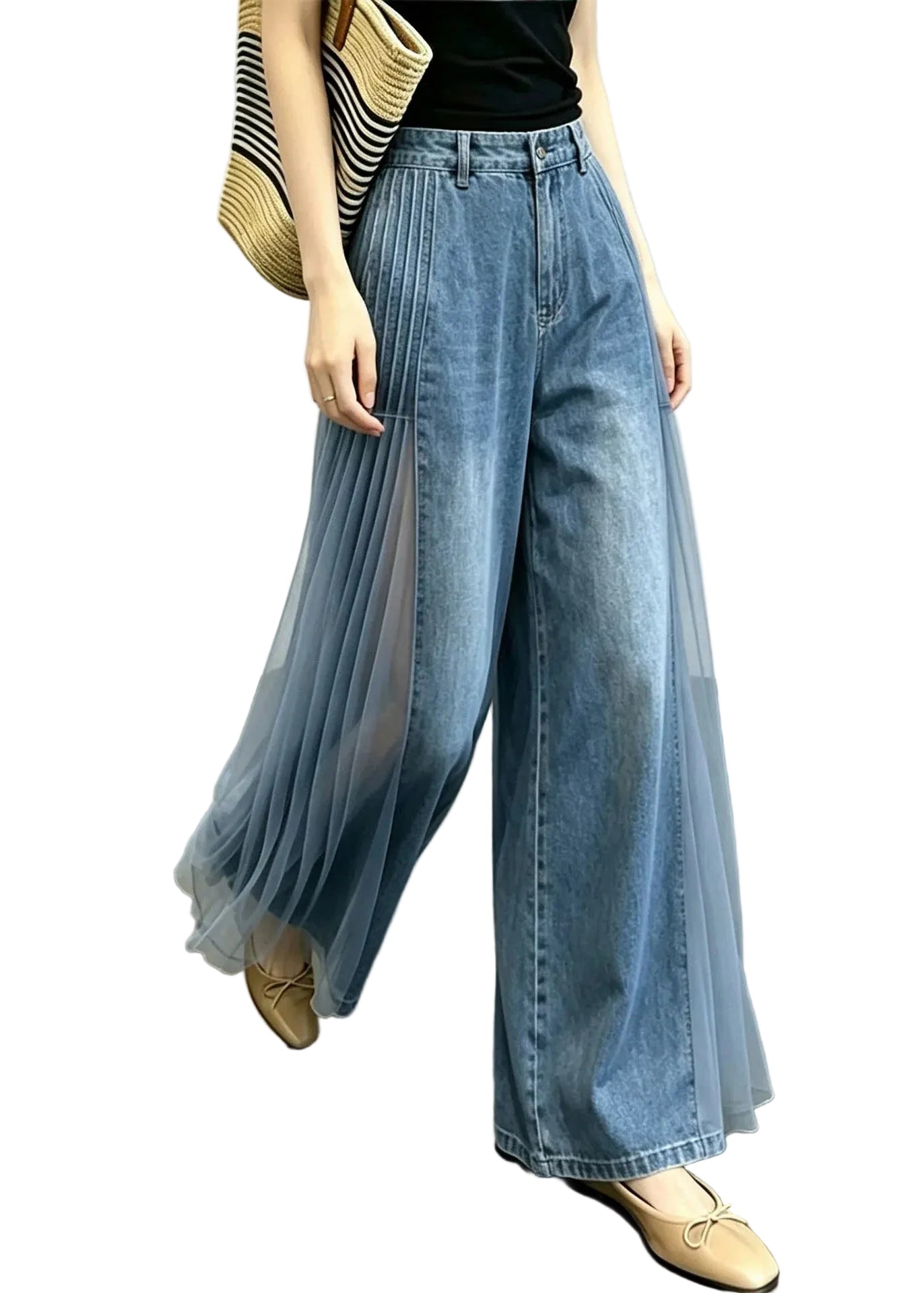 Jean femme taille haute coupe large avec patchwork en tulle 0