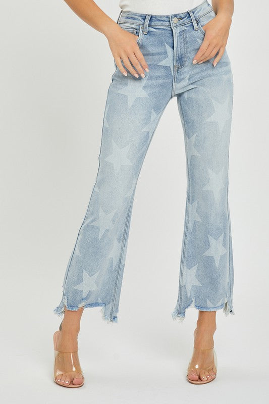 Jeans Droits Femme Taille Haute Imprimé Étoiles Denim Clair 1