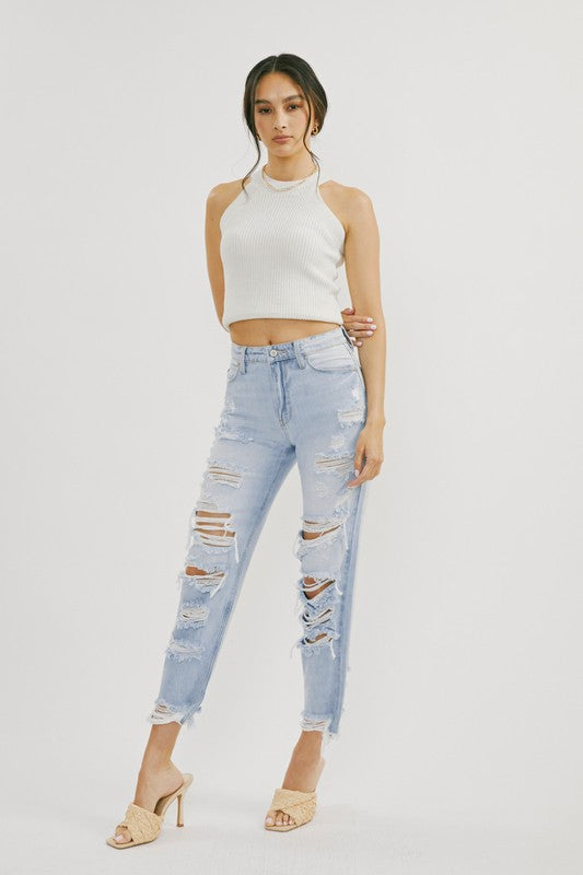Jeans Femme Taille Haute Délavés Denim Clair 1