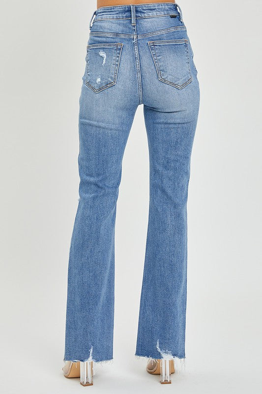 Jeans Flare Taille Haute Délavés Femme Denim Moyen 3