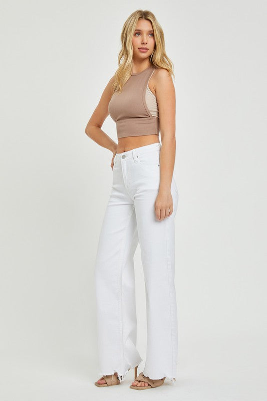 Jeans larges taille haute pour femme en blanc 4