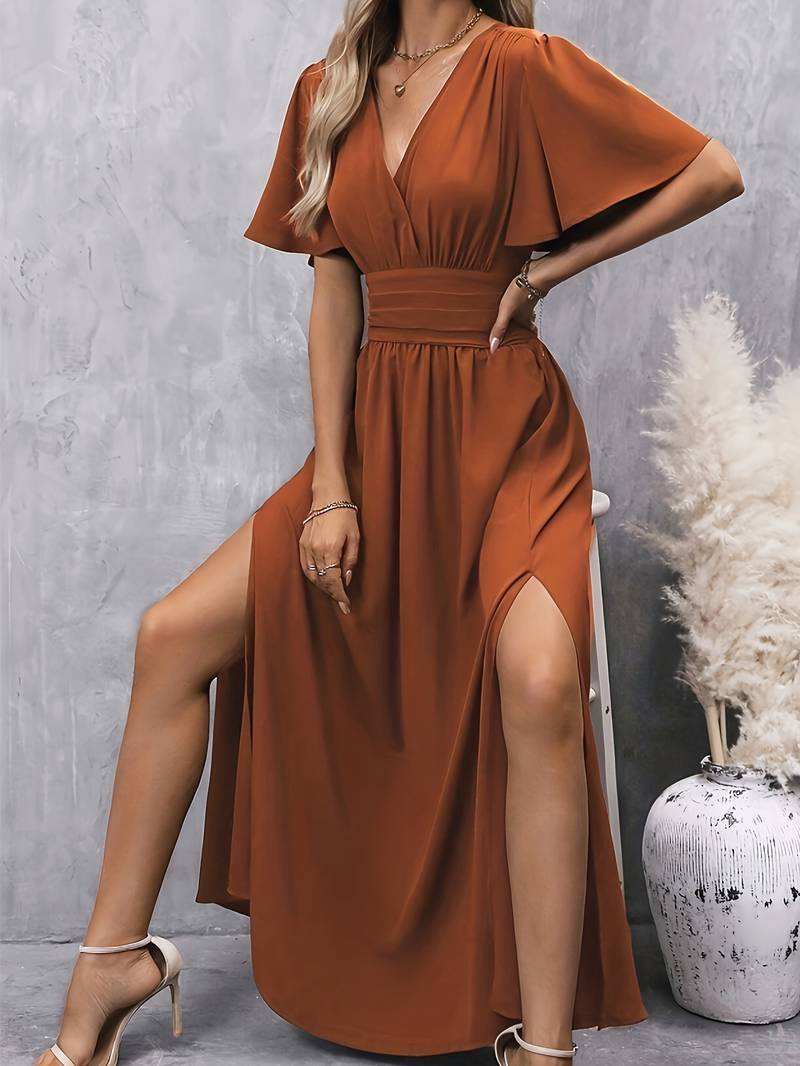 Robe Femme Élégante Col Volant Taille Plissée Tissu Fluide-3
