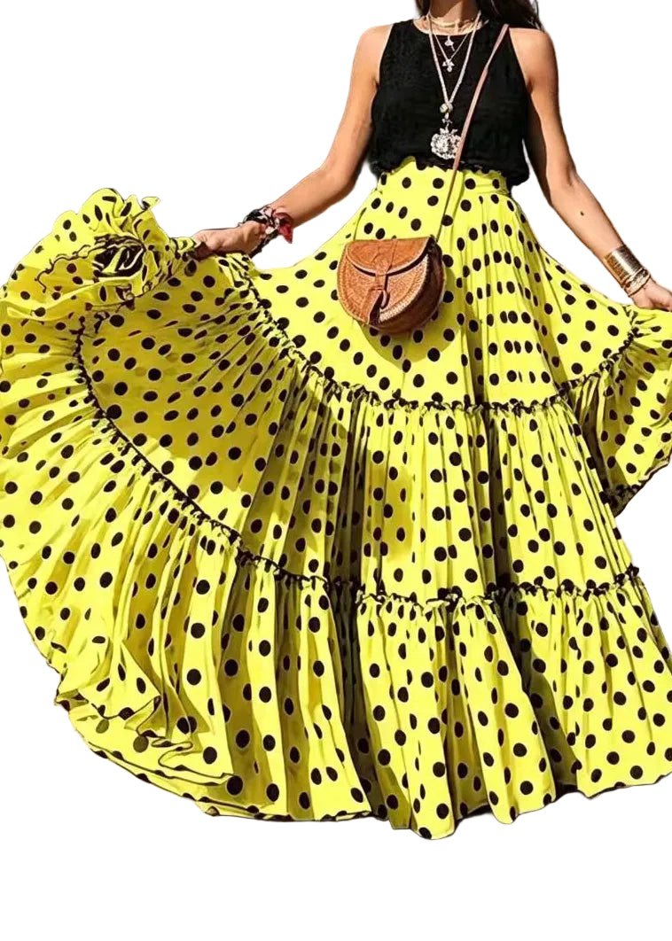 Jupe Longue Femme À Volants Style Estival Motif À Pois 0