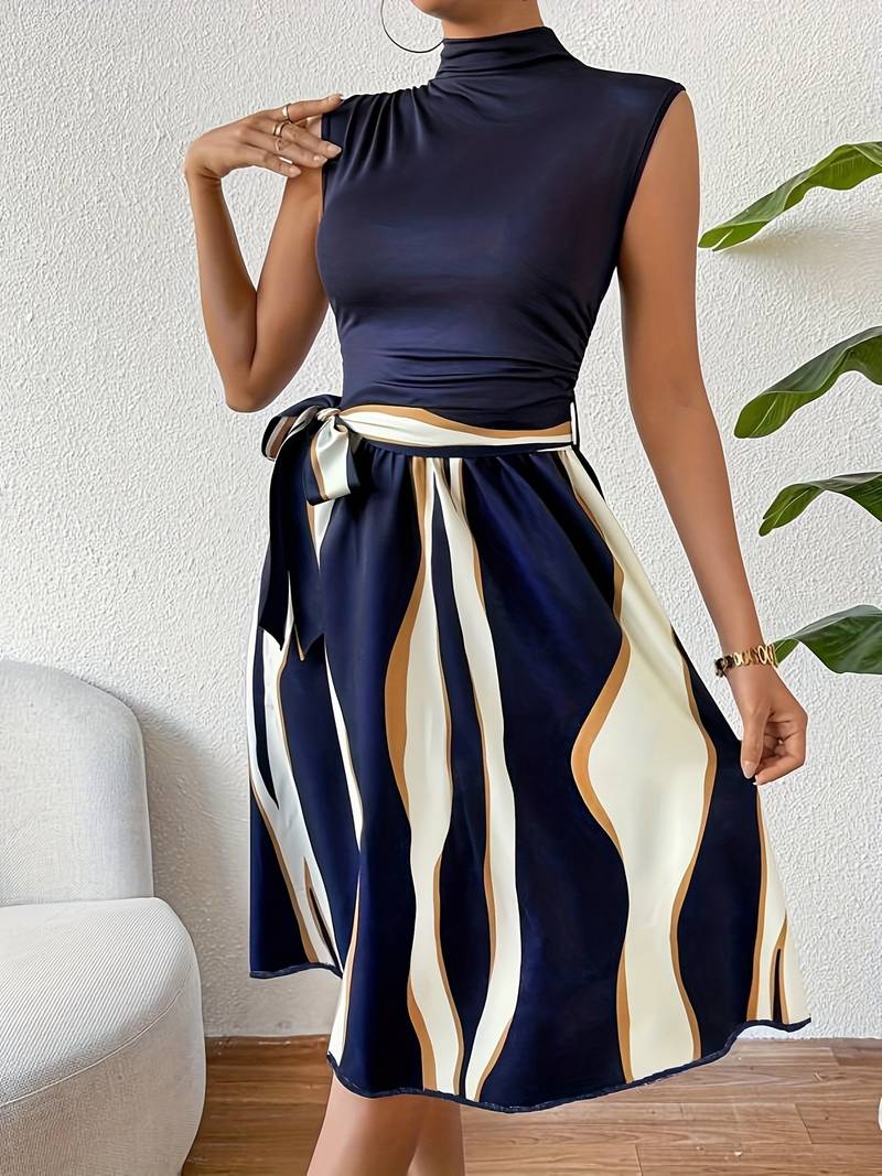 Variant image for Robe Femme Patchwork Élégante avec Ceinture en Polyester-1