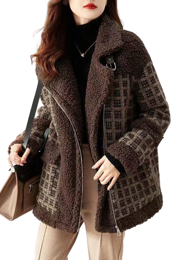 Manteau Ample en Fausse Fourrure à Carreaux 1