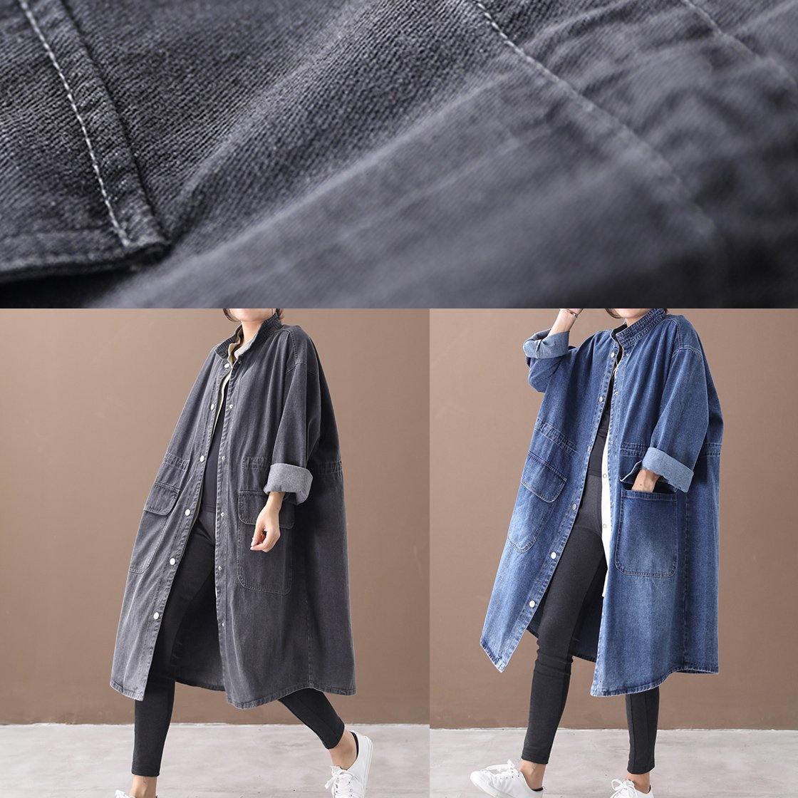 Manteau Box en Denim Bleu pour Femme Grande Taille avec Col Montant et Cordons 4