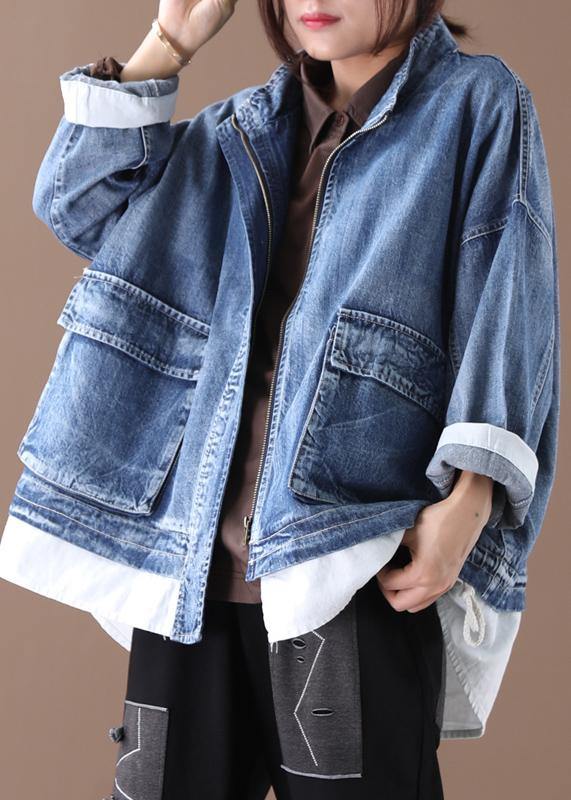 Manteau Femme Col Montant Zippé en Denim 0