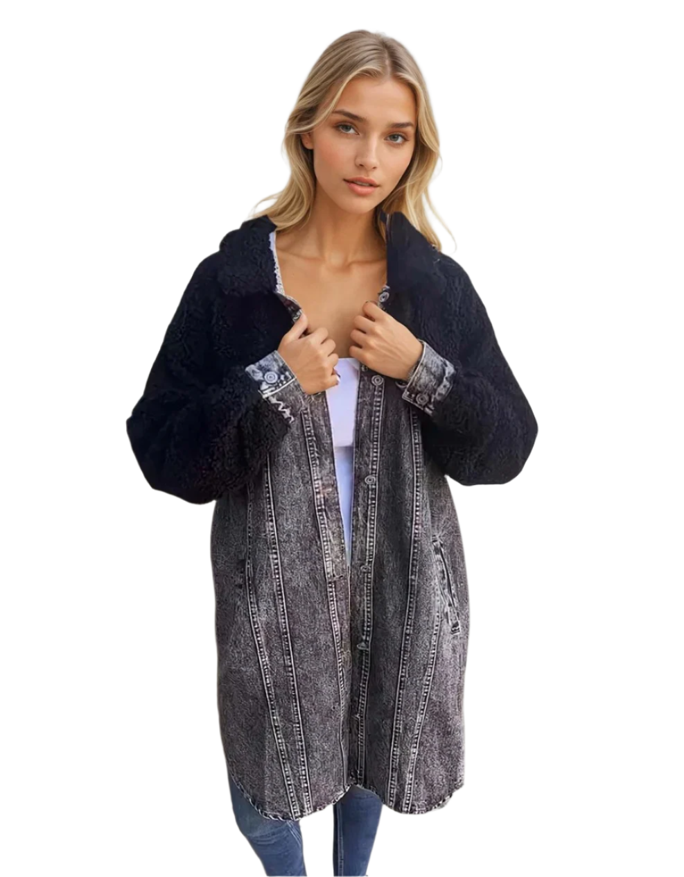 Manteau Femme Hiver Long Denim Avec Accents En Laine 0