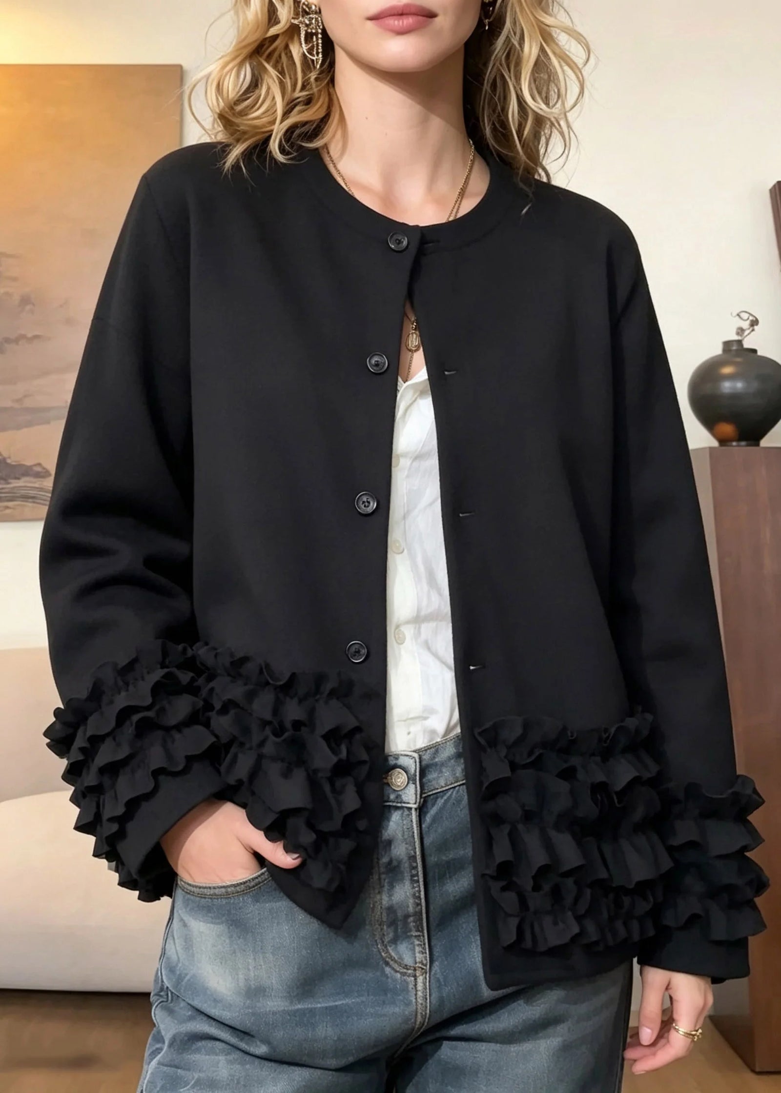 Manteau Femme Moderne Col Rond Boutonné Automne 2