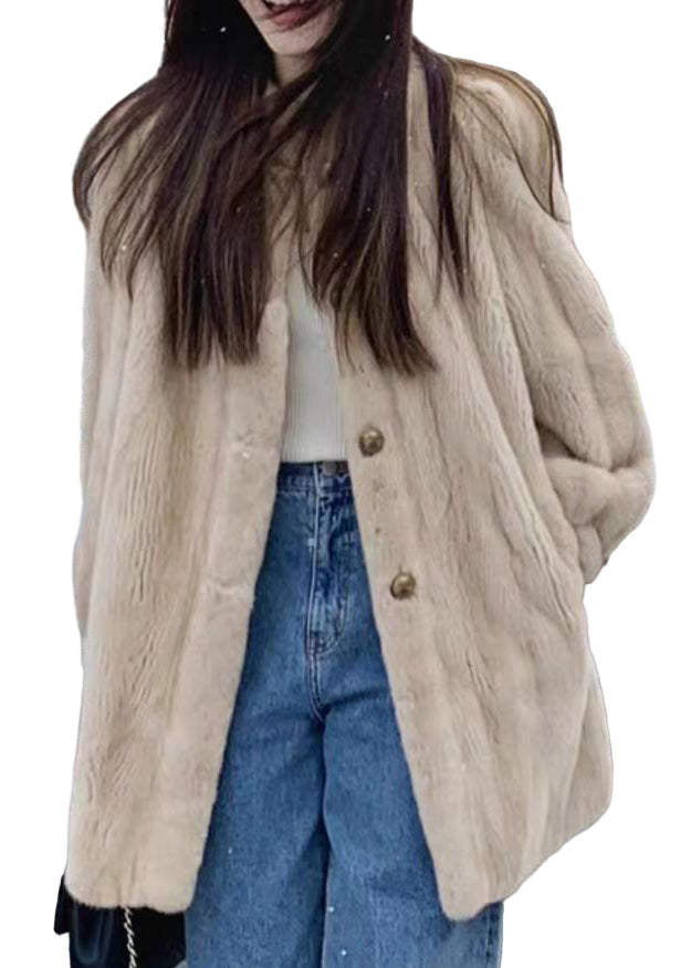 Manteau Femme en Fourrure avec Col Rond et Manches Longues 1