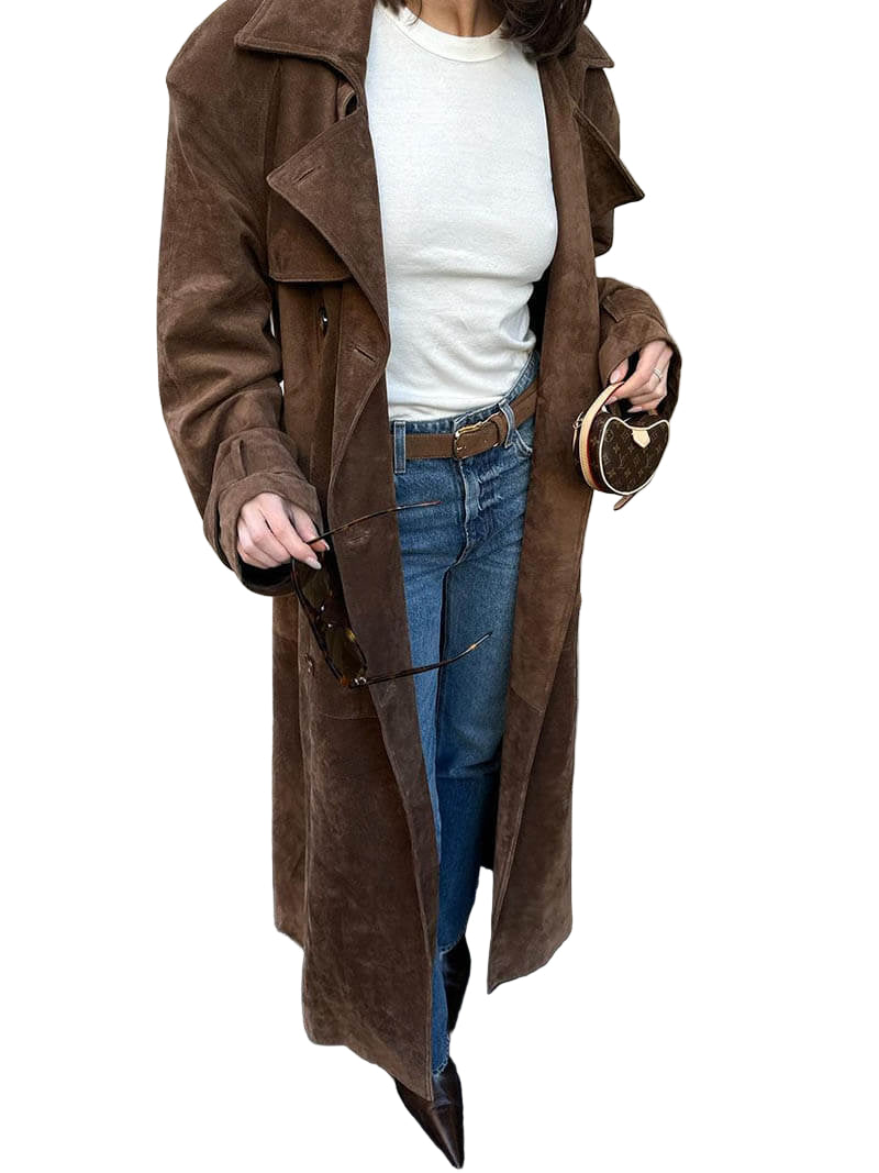 Manteau Trench Femme Long en Suède Chic pour Hiver 0
