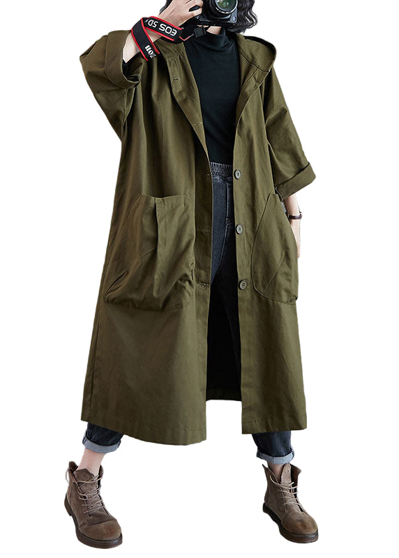 Manteau Trench Long à Capuche pour Femme en Vert Armée 0