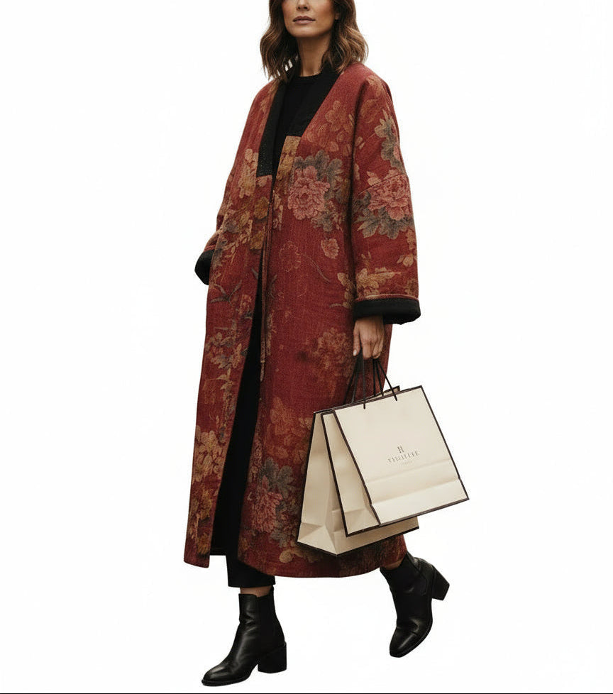 Manteau Vintage Femme Long à Col en V Imprimé Unique 0