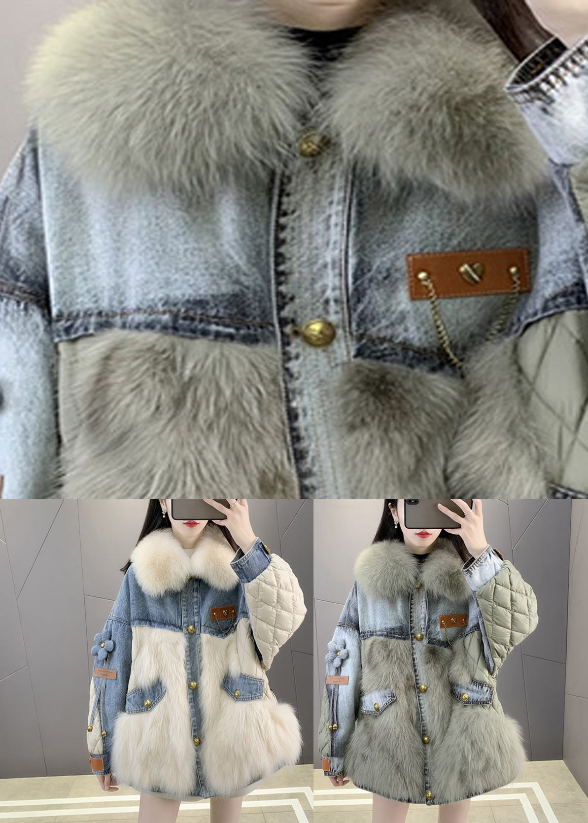 Manteau en Denim Décontracté avec Col de Renard 4