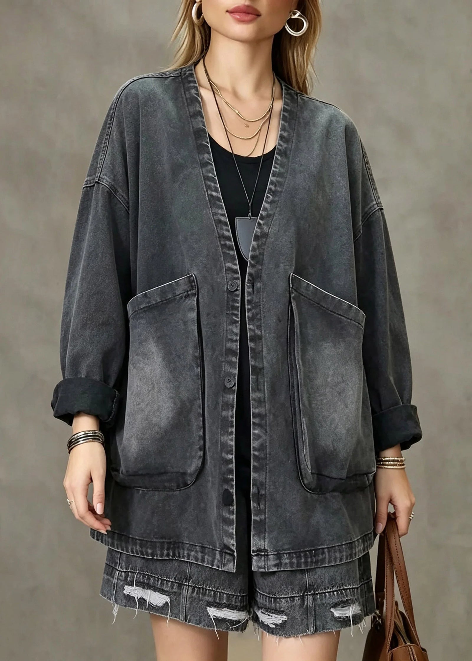 Manteau en jean vintage pour femme à col en V et poches 2
