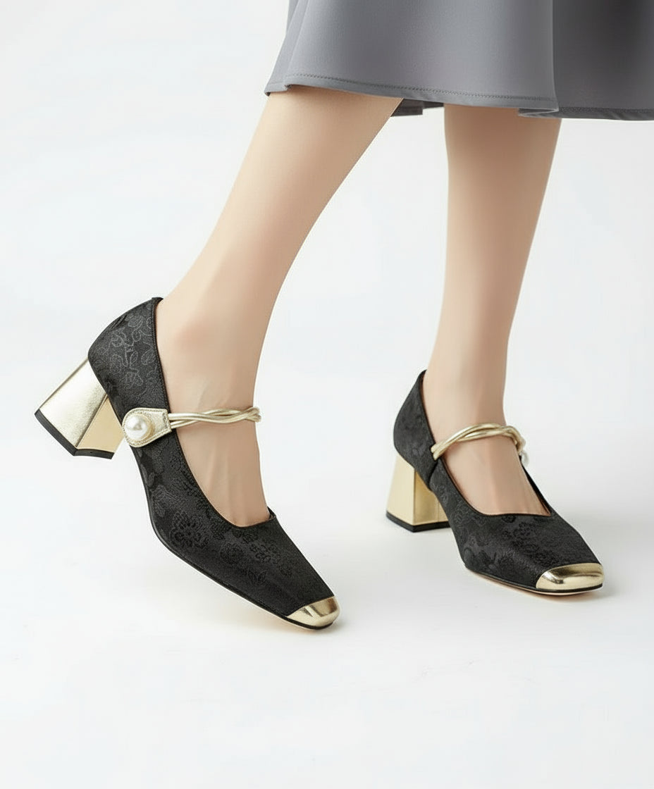 Mocassins Femme Rétro à Talons Épais avec Sangle à Boucle 0